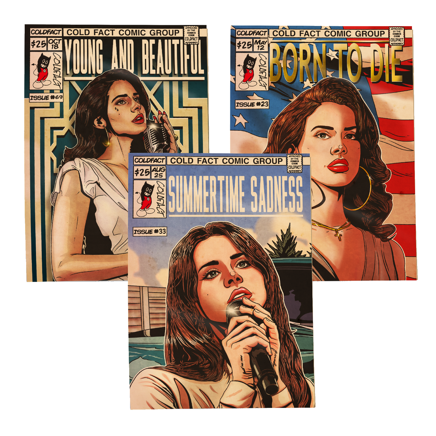 Three comic book covers featuring a woman with a microphone, titled 'Young and Beautiful', 'Born to Die', and 'Summertime Sadness'.