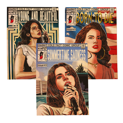Three comic book covers featuring a woman with a microphone, titled 'Young and Beautiful', 'Born to Die', and 'Summertime Sadness'.